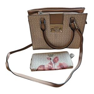 Guess Monogram Cartera‎ Floral Zip Around Wallet Satchel Bag Set Convertible